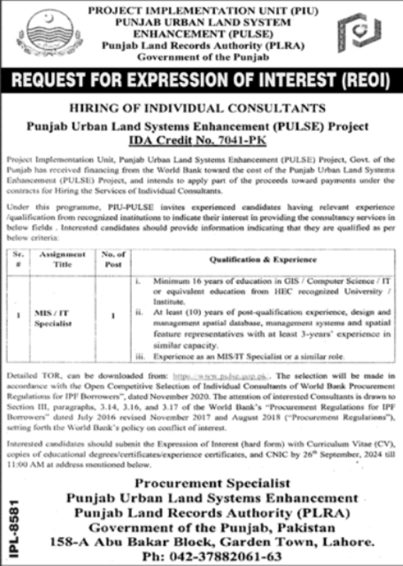 Punjab Land Records Authority PLRA Apply Jobs 2024
