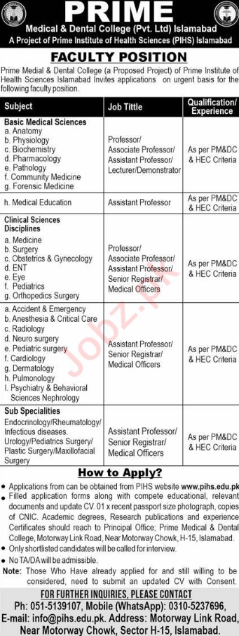 Prime Medical And Dental College Islamabad Jobs 2024