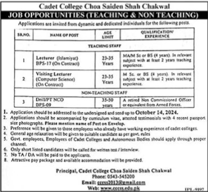 Cadet College Choa Saiden Shah Chakwal Apply Jobs 2024