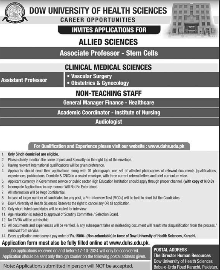 Dow University Of Health Sciences Apply Jobs 2024