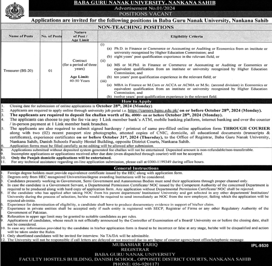 Baba Guru Nanak University Apply Jobs 2024