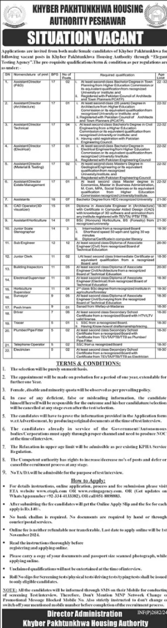 Khyber Pakhtunkhwa Housing Authority Apply Jobs 2024