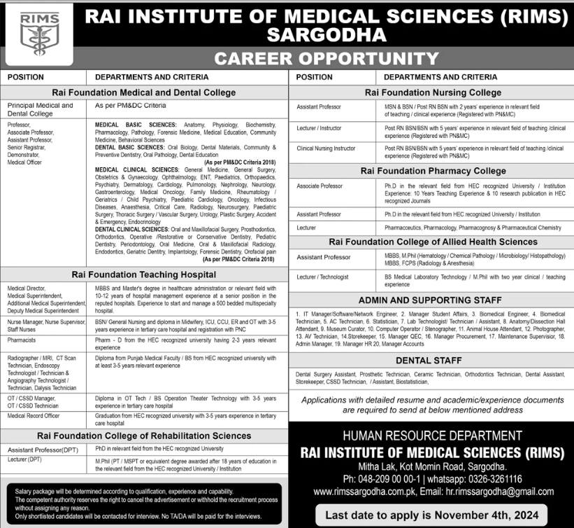 Rai Institute Of Medical Sciences RIMS Apply Jobs 2024